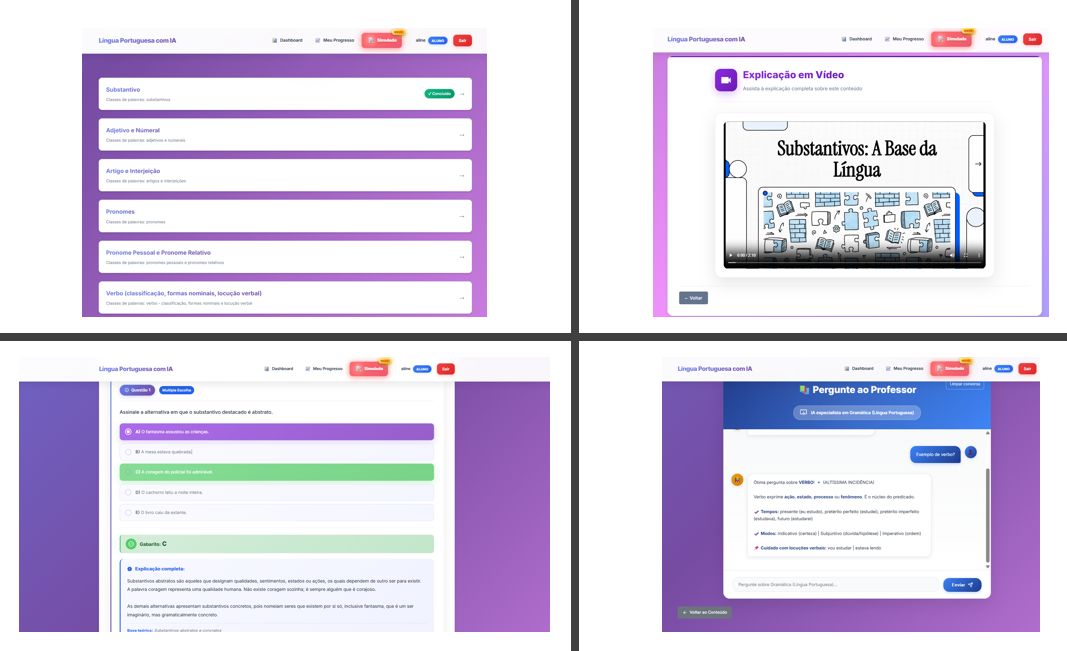 Plataforma Estudos com IA - Dashboard, vídeo, quiz e Pergunte ao Professor